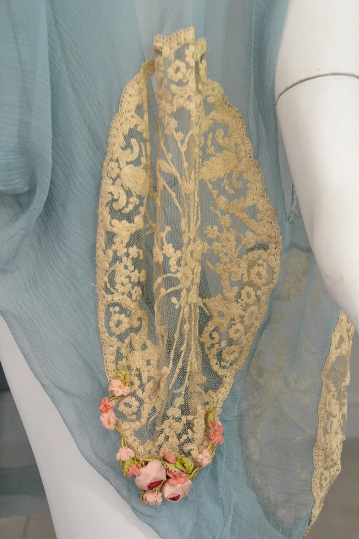 1920s Deco Aqua Blue Sheer Silk Cocoon Duster Vest with Beads, Lace and Flowers