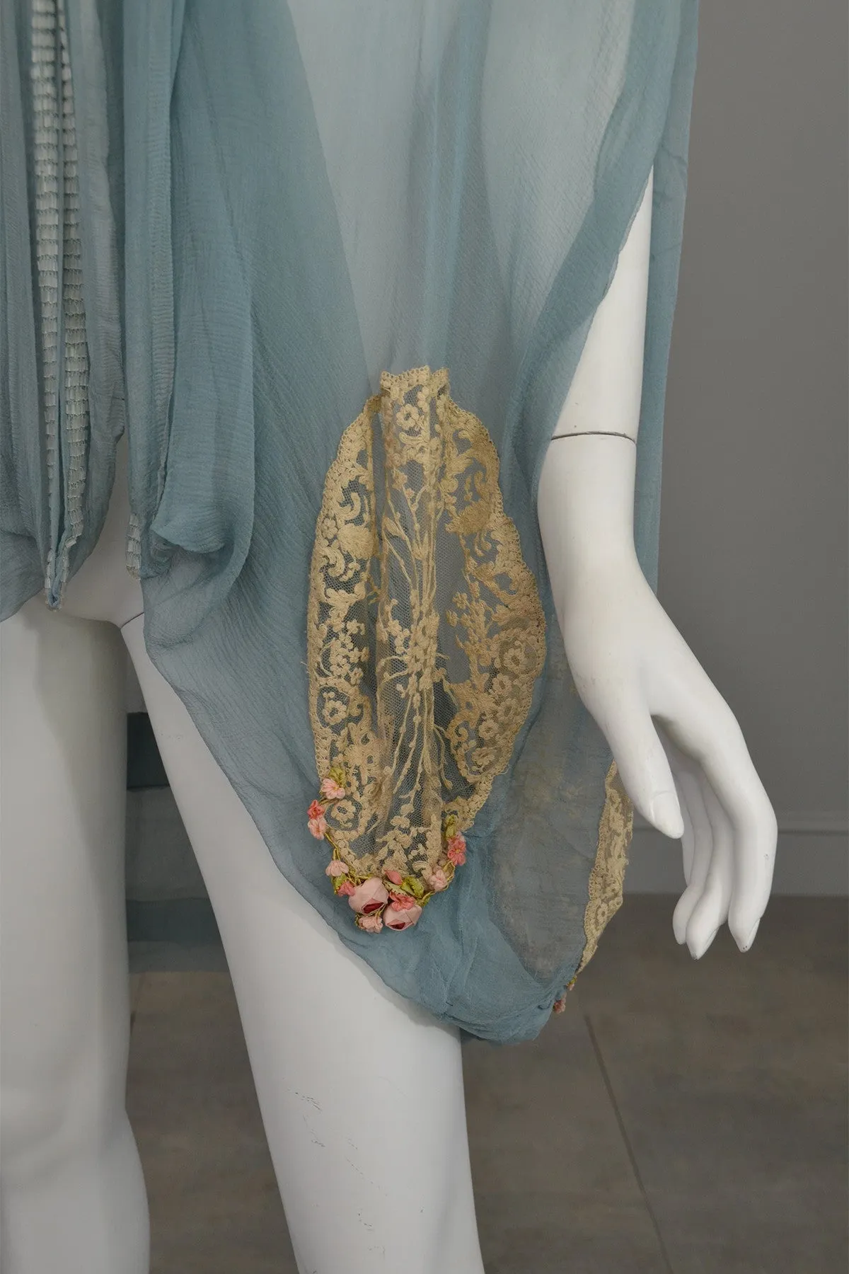 1920s Deco Aqua Blue Sheer Silk Cocoon Duster Vest with Beads, Lace and Flowers