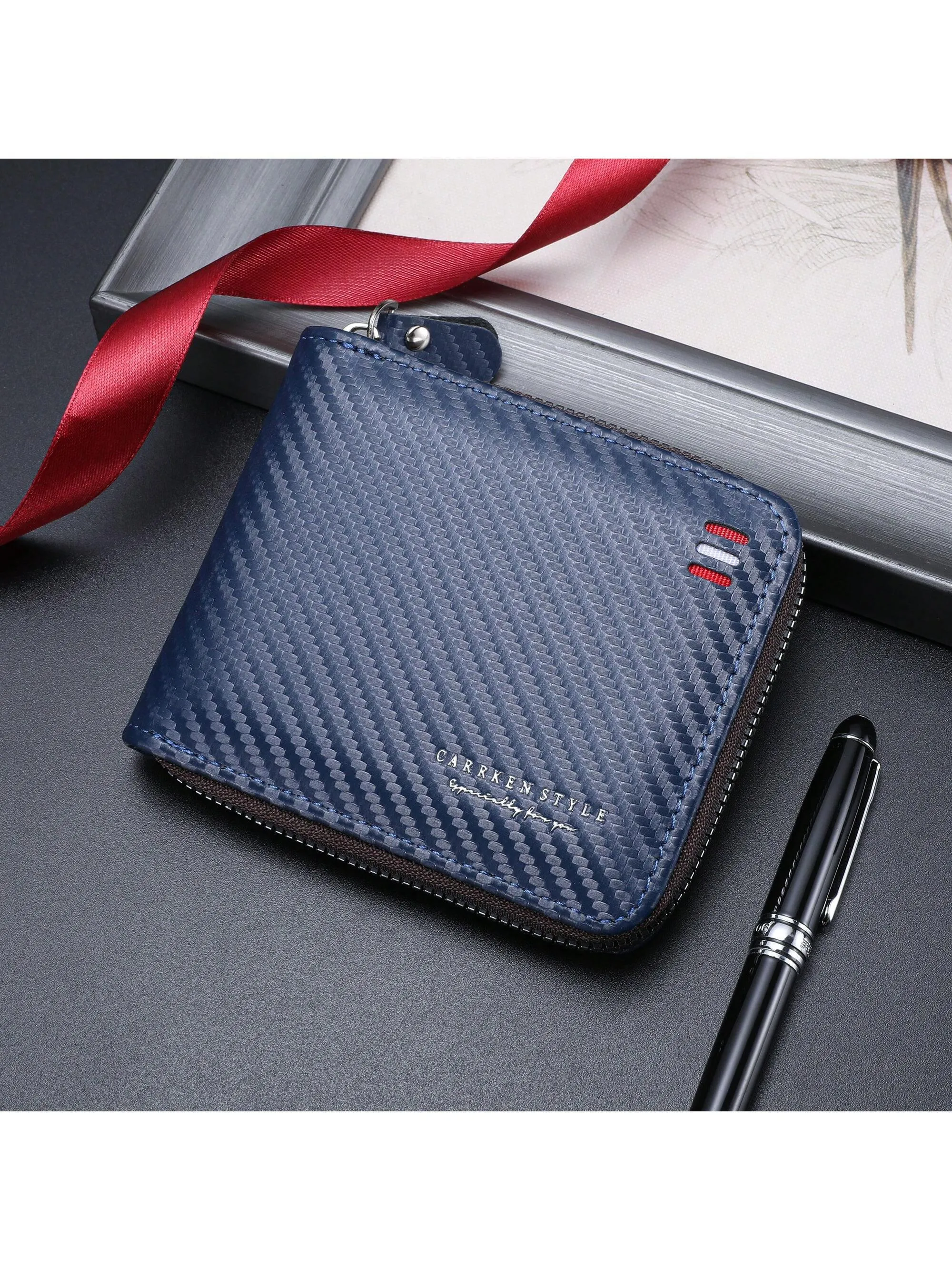 1pc New Men's Wallet, Fashionable Carbon Fiber Multifunctional Zipper Coin Purse, Youth & Student Personality Contrast Color Card Holder, Versatile Large Capacity Billfold