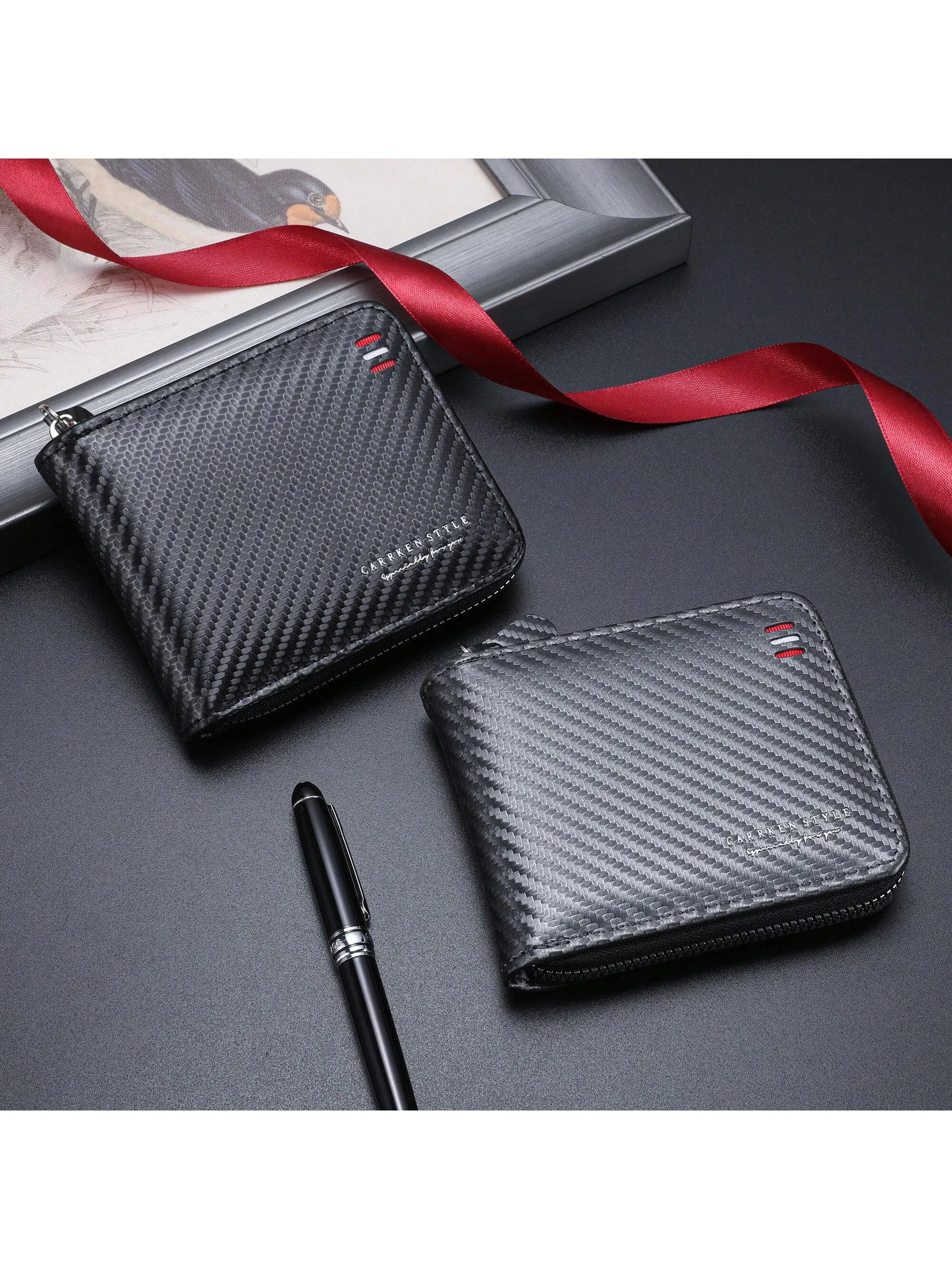 1pc New Men's Wallet, Fashionable Carbon Fiber Multifunctional Zipper Coin Purse, Youth & Student Personality Contrast Color Card Holder, Versatile Large Capacity Billfold