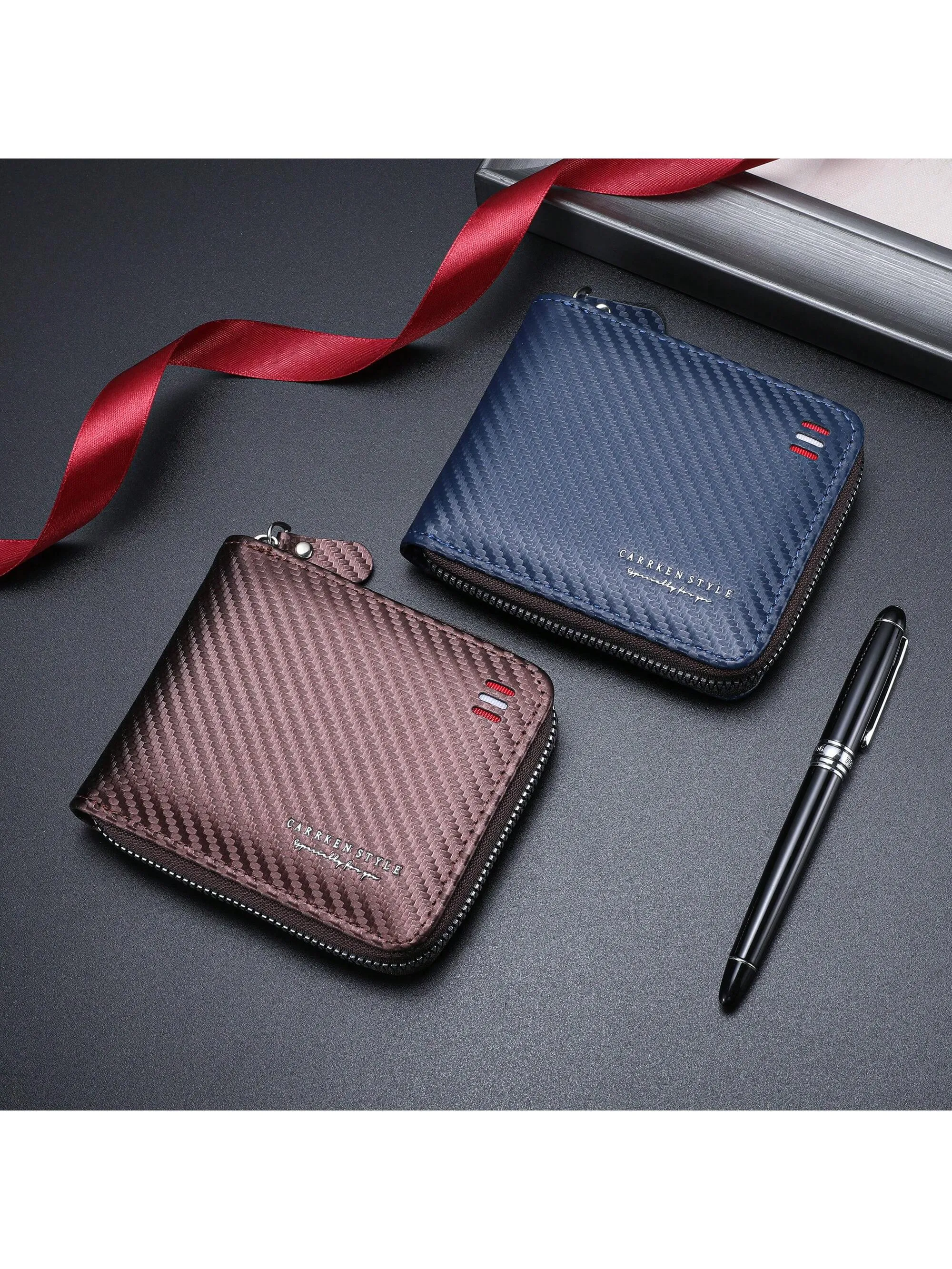 1pc New Men's Wallet, Fashionable Carbon Fiber Multifunctional Zipper Coin Purse, Youth & Student Personality Contrast Color Card Holder, Versatile Large Capacity Billfold