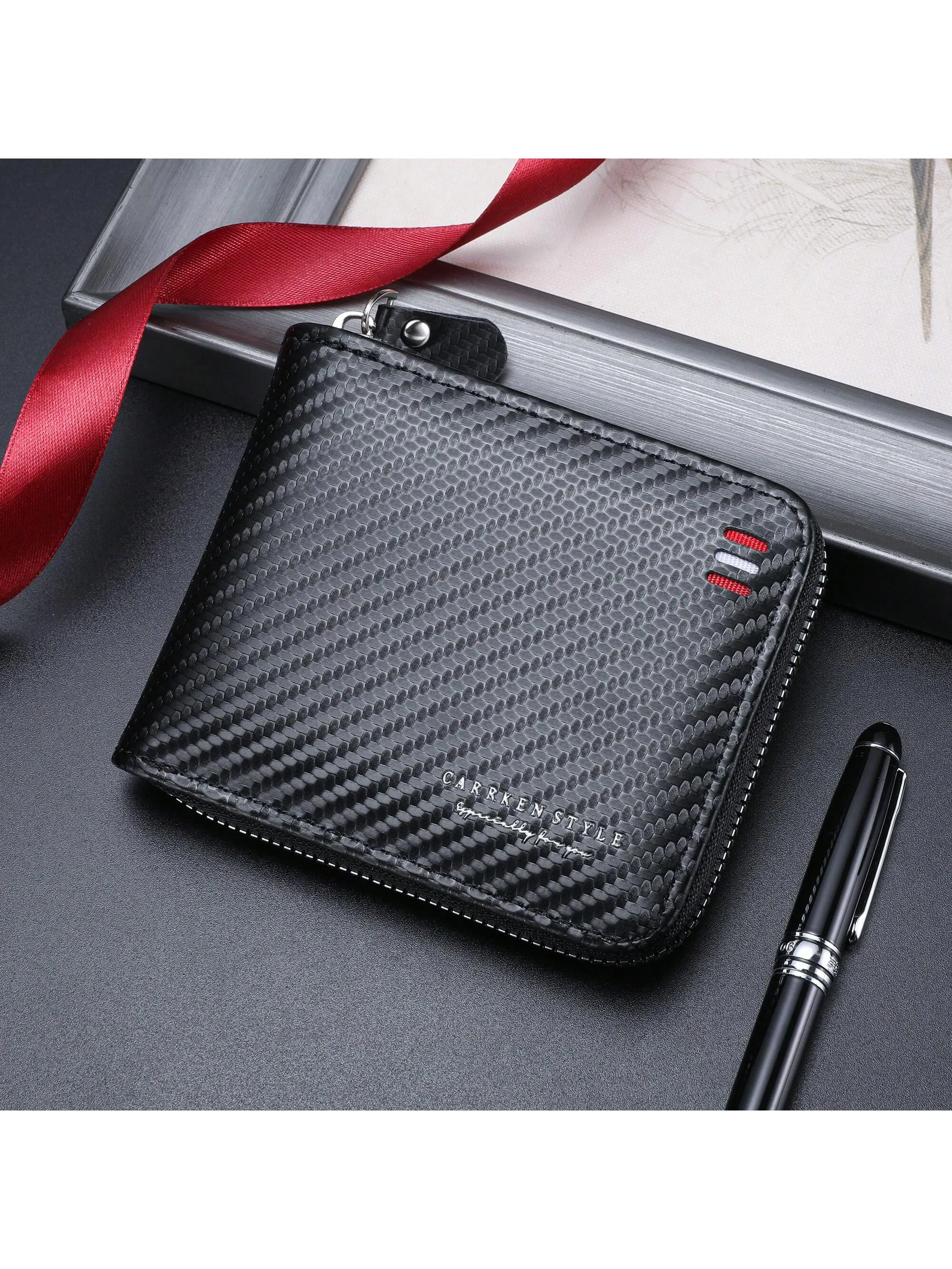 1pc New Men's Wallet, Fashionable Carbon Fiber Multifunctional Zipper Coin Purse, Youth & Student Personality Contrast Color Card Holder, Versatile Large Capacity Billfold