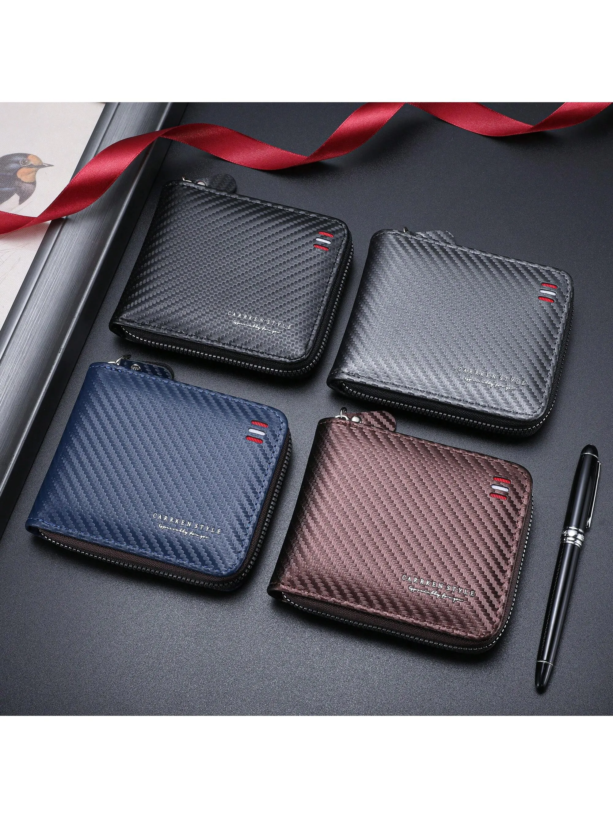 1pc New Men's Wallet, Fashionable Carbon Fiber Multifunctional Zipper Coin Purse, Youth & Student Personality Contrast Color Card Holder, Versatile Large Capacity Billfold