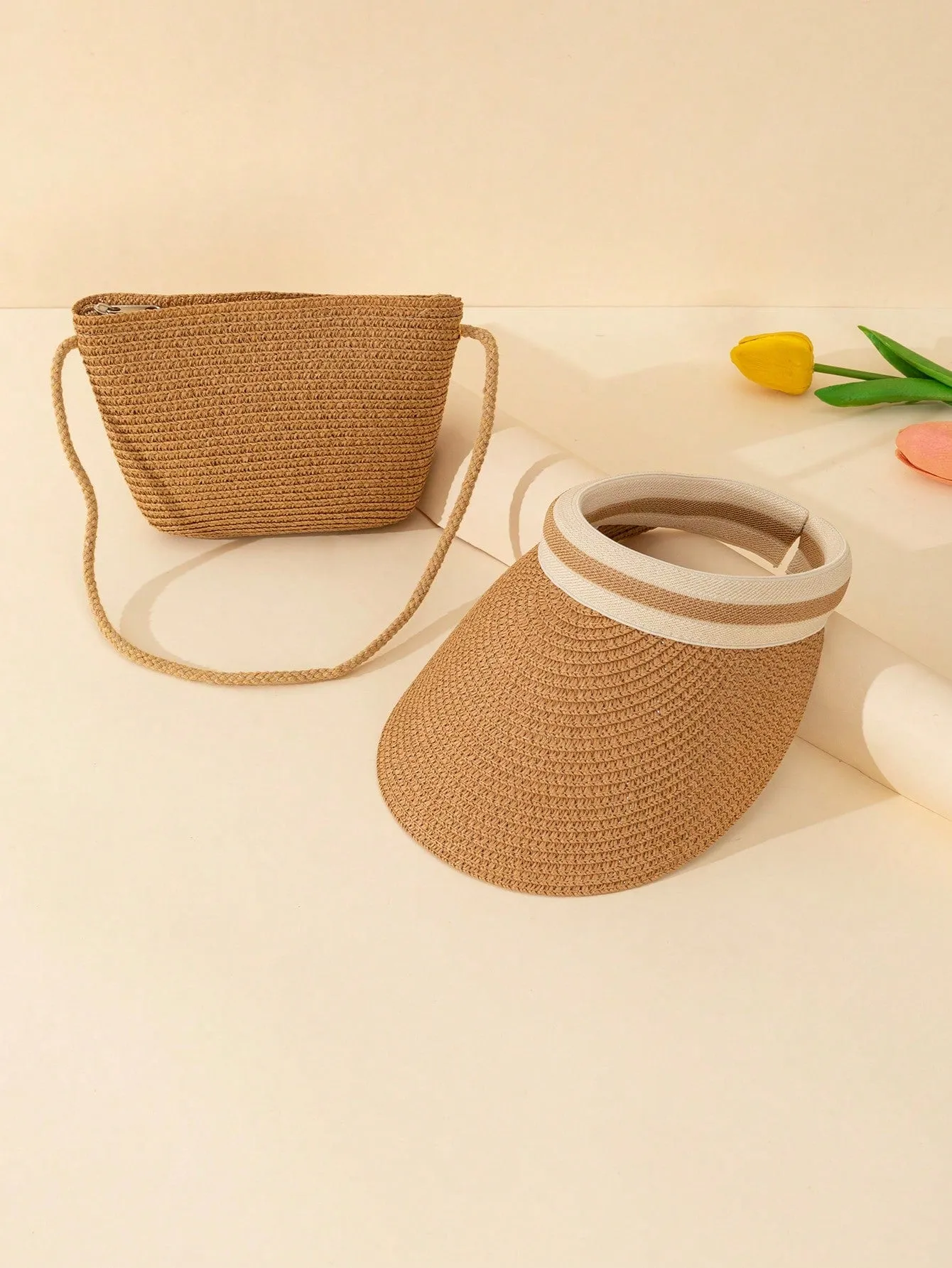 2pcs/Set Women's Fashionable White Beach Woven Crossbody Bag And Sun Hat Combo, Perfect For Vacation And Leisure Activities