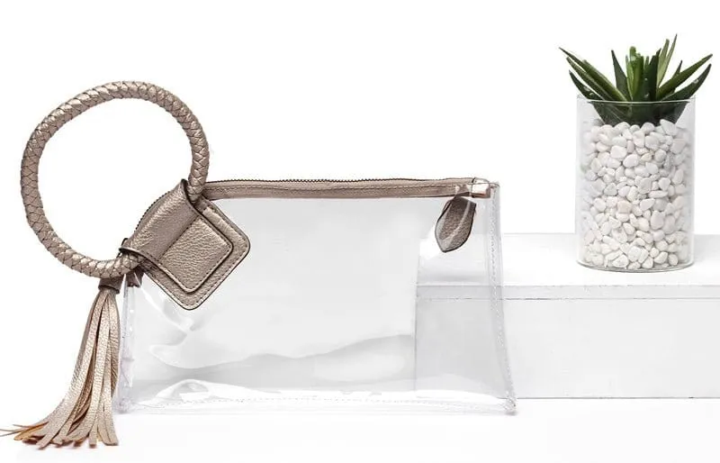 AD205T See Through Clear Cuff Handle Tassel Wristlet Clutch/Crossbody