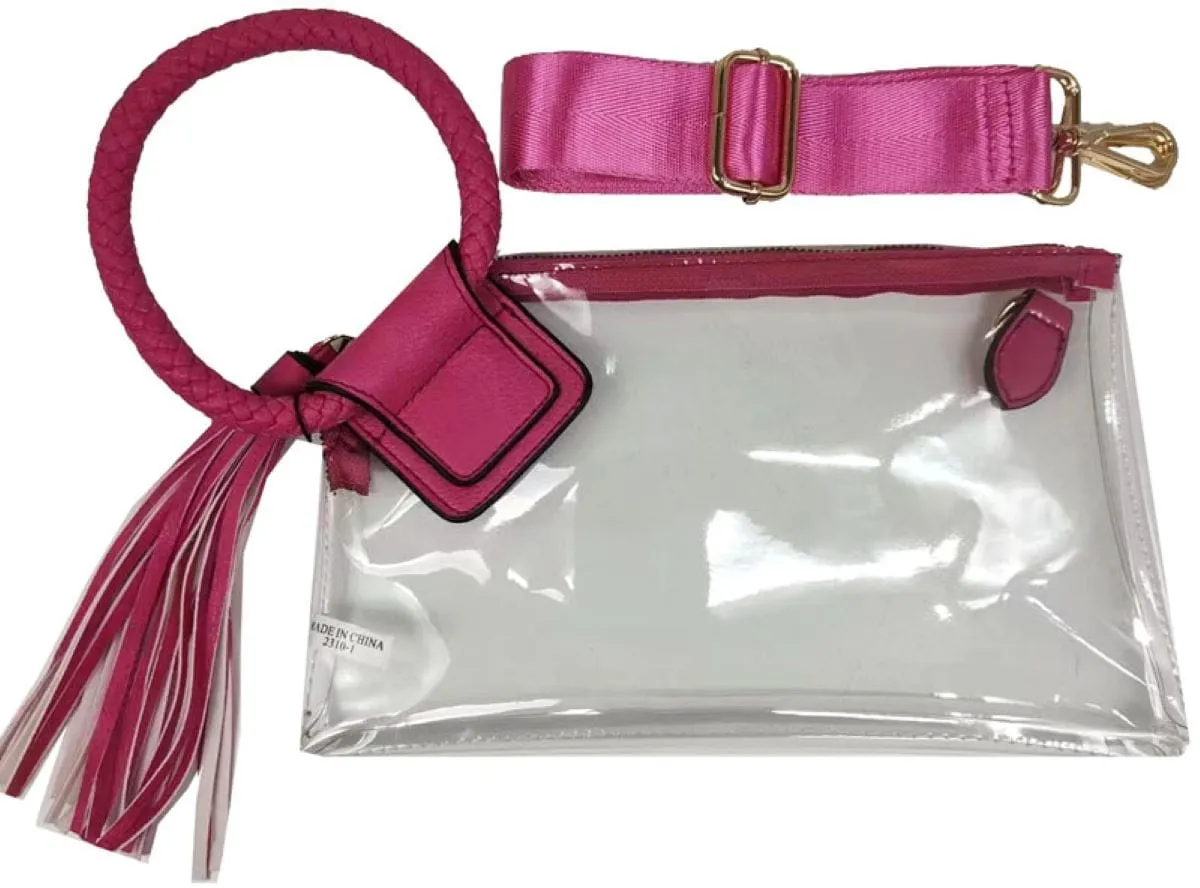 AD205T See Through Clear Cuff Handle Tassel Wristlet Clutch/Crossbody