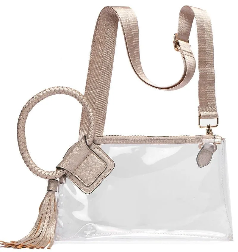 AD205T See Through Clear Cuff Handle Tassel Wristlet Clutch/Crossbody