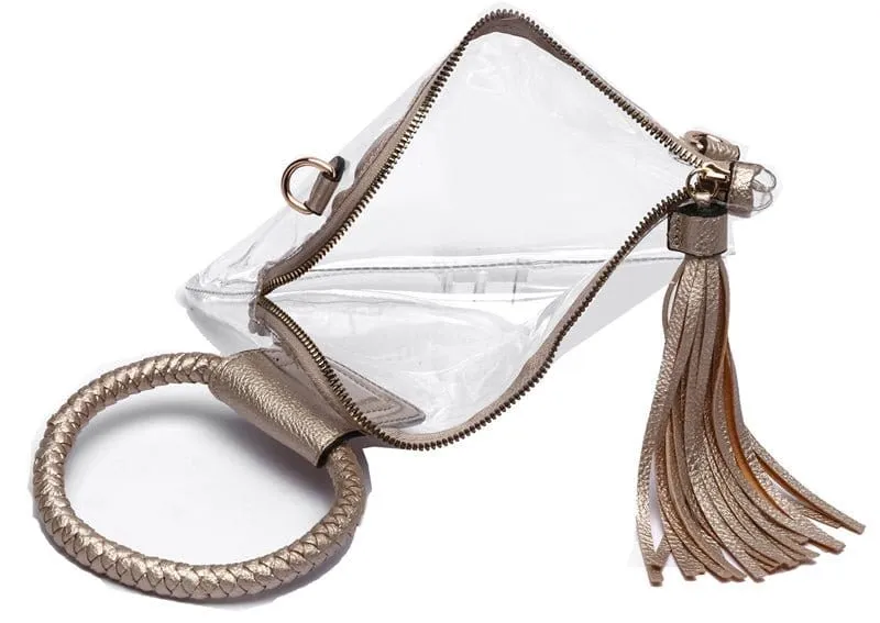 AD205T See Through Clear Cuff Handle Tassel Wristlet Clutch/Crossbody