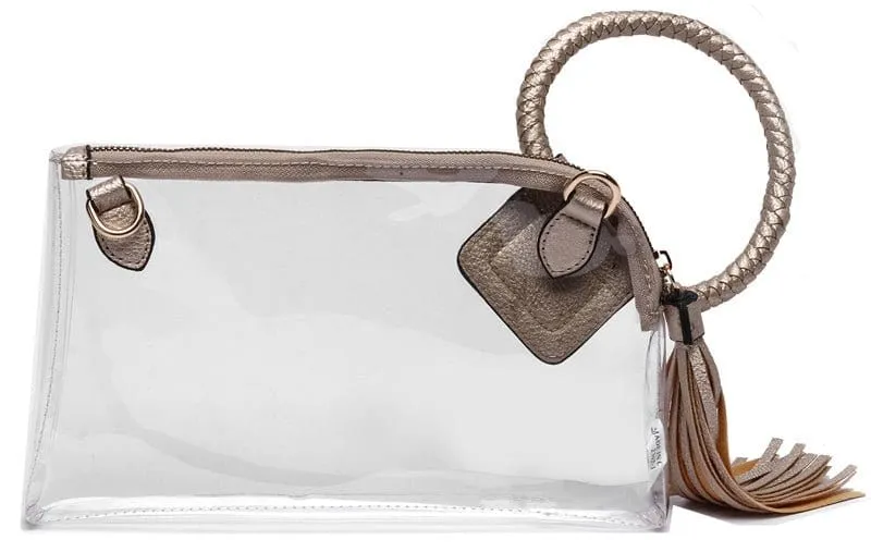 AD205T See Through Clear Cuff Handle Tassel Wristlet Clutch/Crossbody