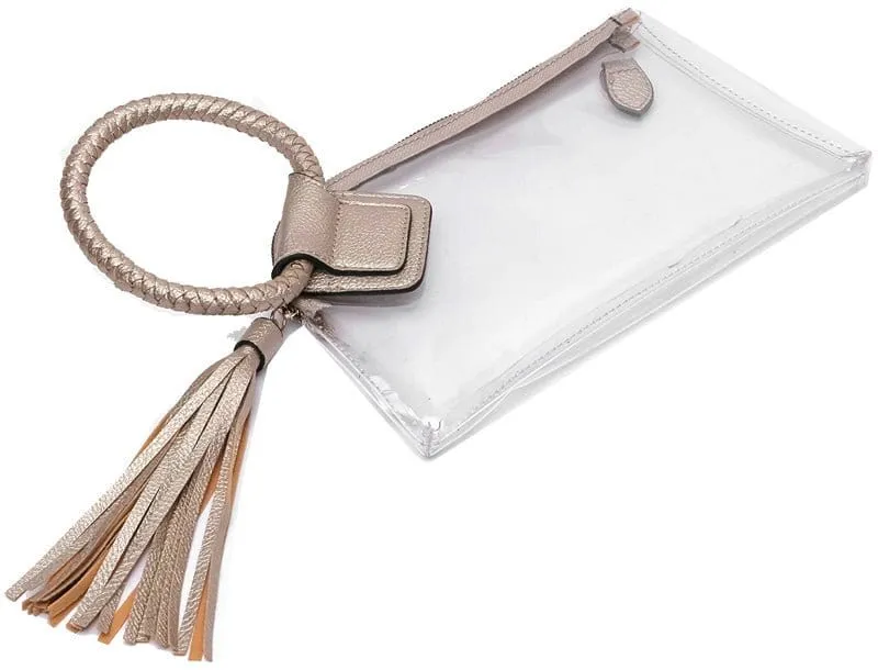 AD205T See Through Clear Cuff Handle Tassel Wristlet Clutch/Crossbody