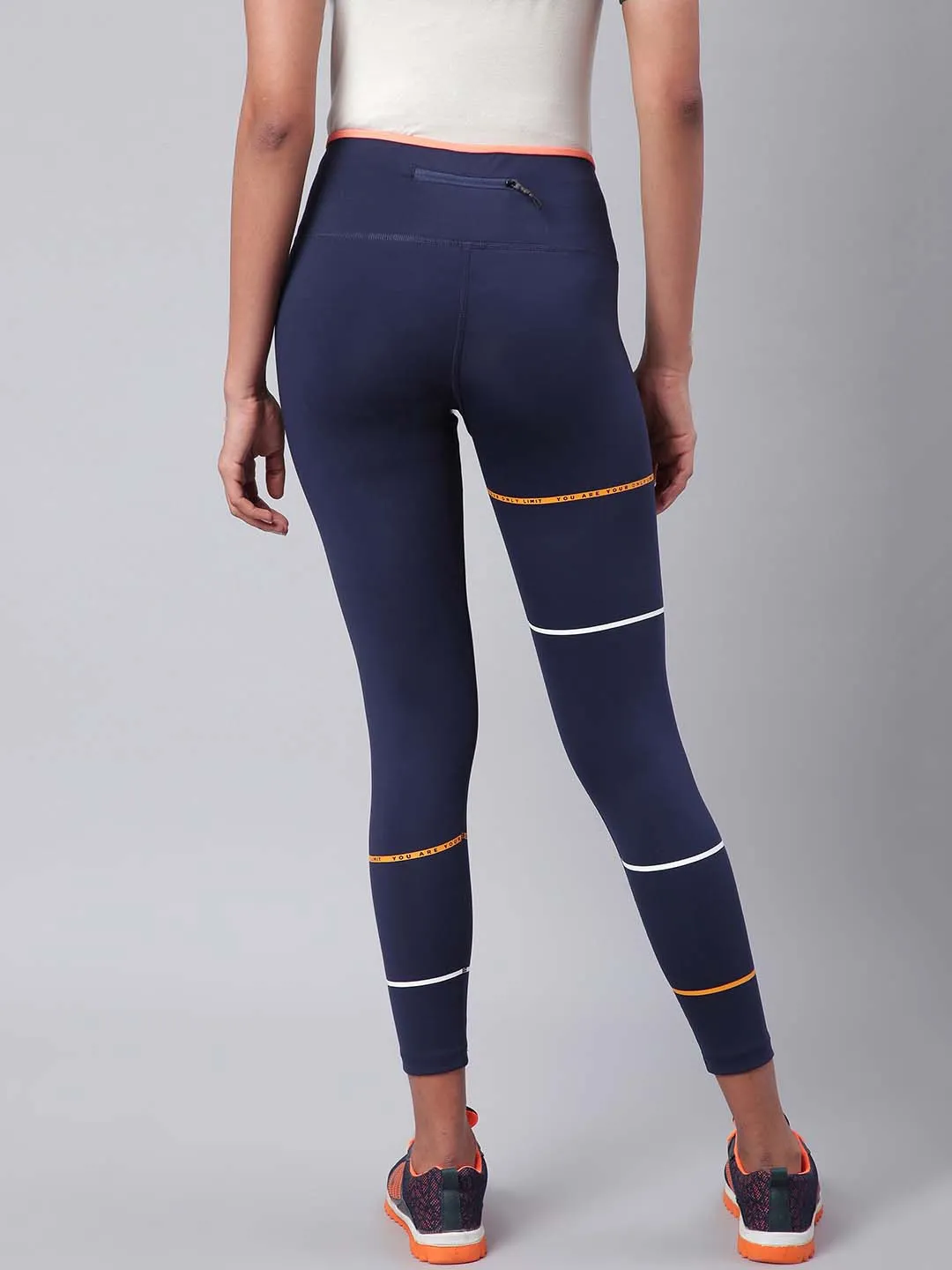 Alcis Women Navy Blue Striped Secure Fit Cropped Training Tights