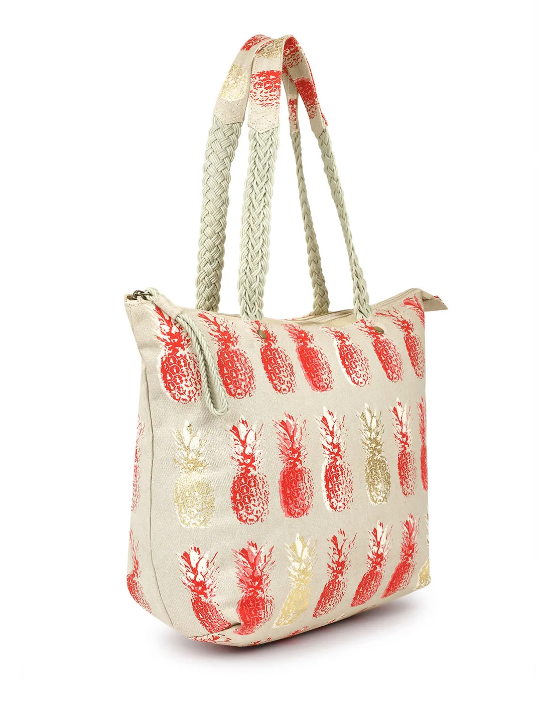 Berrylush Women Grey Pineapple Printed Canvas Regular Tote Bag