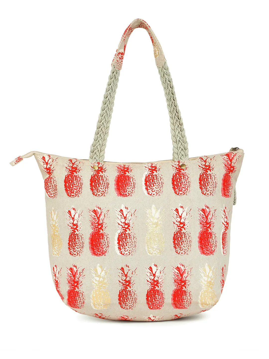 Berrylush Women Grey Pineapple Printed Canvas Regular Tote Bag