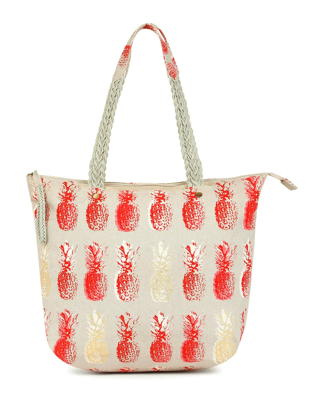 Berrylush Women Grey Pineapple Printed Canvas Regular Tote Bag