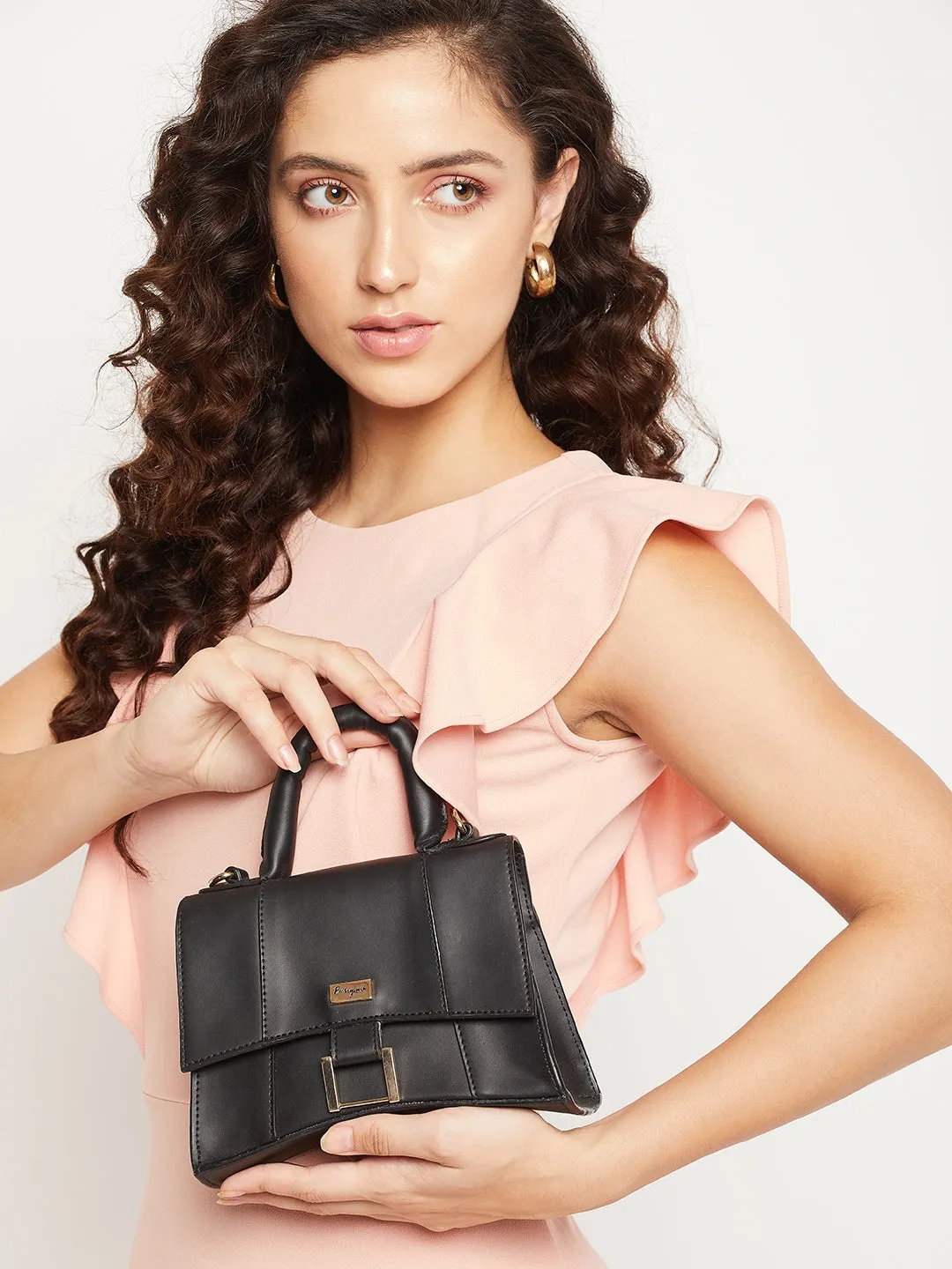 Berrylush Women Solid Black Structured Buckle-Up Small Sling Bag