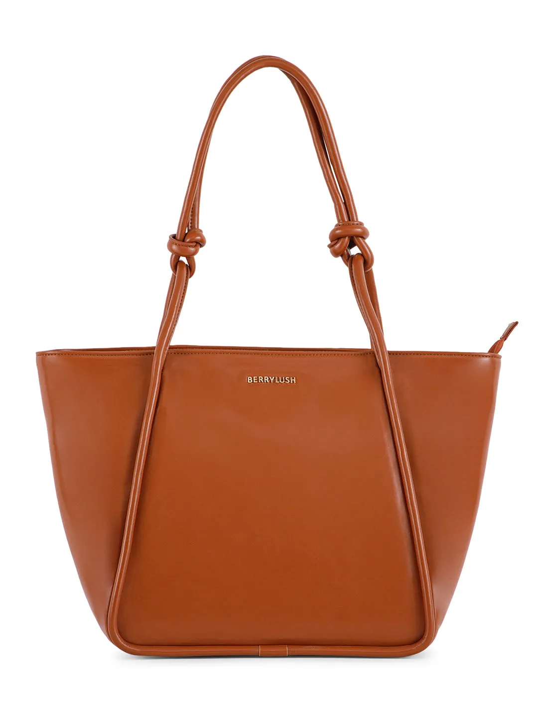 Berrylush Women Solid Brown Synthetic Leather Zipper-Up Knot Oversized Tote Bag