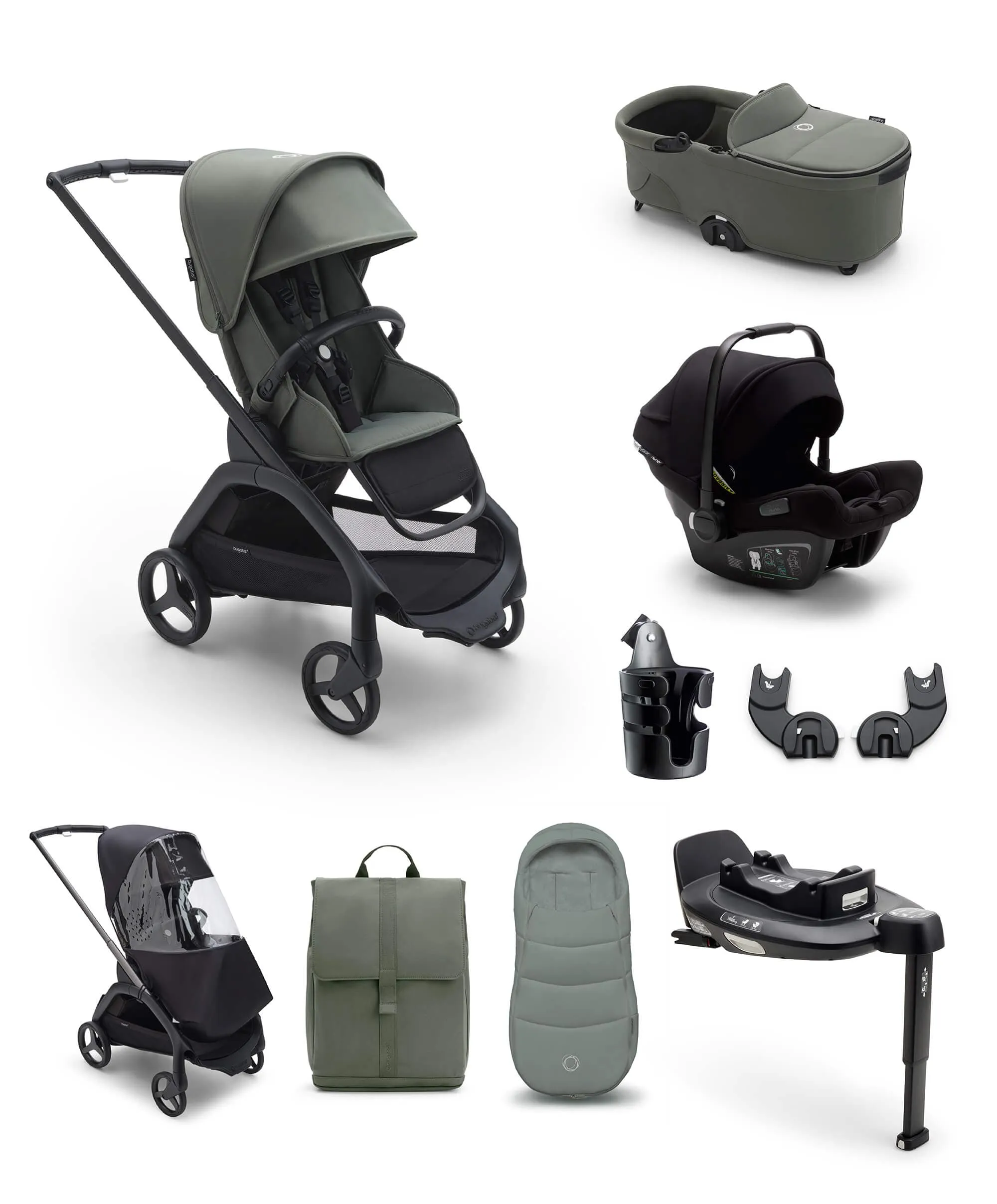 Bugaboo Dragonfly Ultimate 9 Piece Bundle with Nuna Turtle Air 360 Car Seat and Base - Forest Green