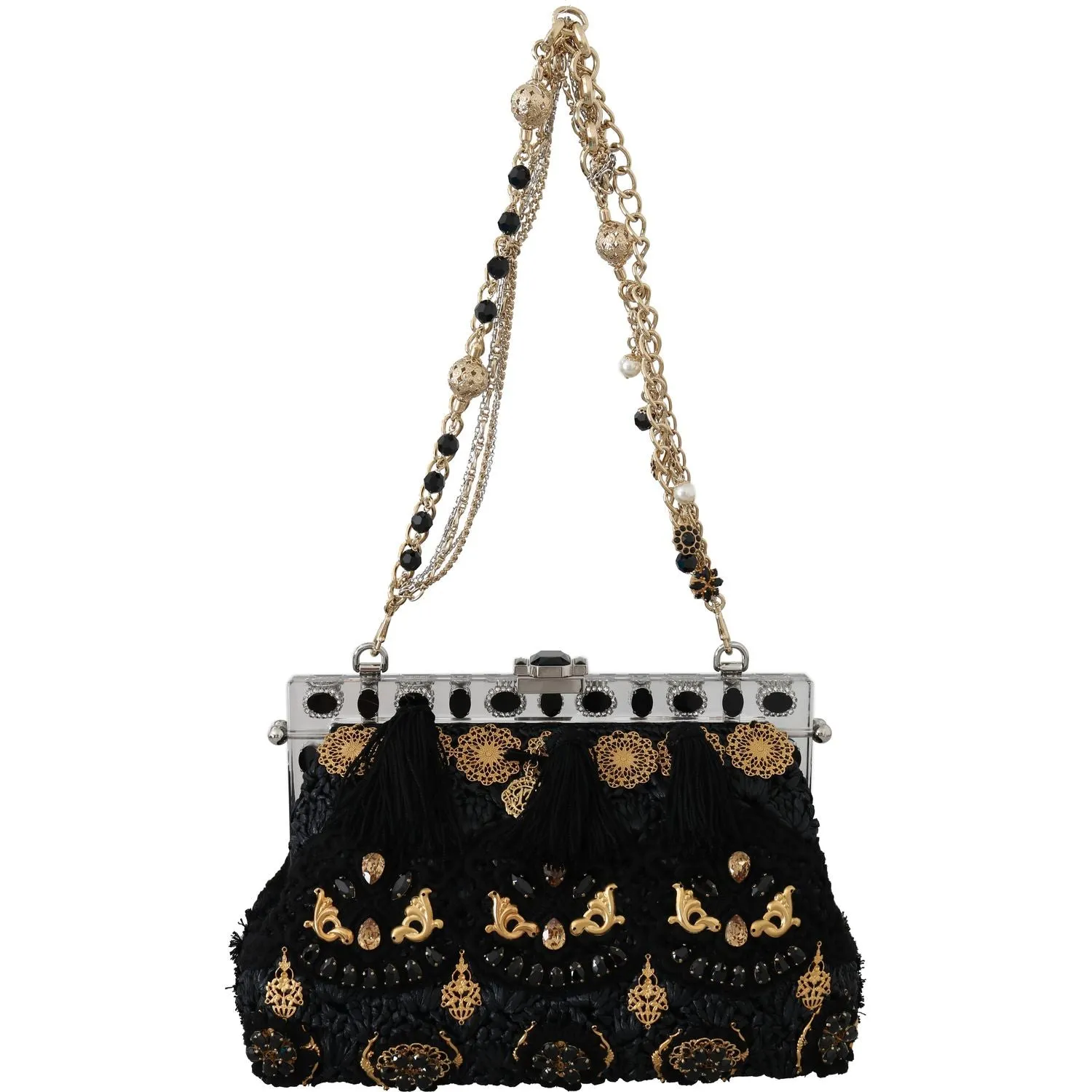 Dolce & Gabbana Black Tassel Gold Baroque Crystal Evening Clutch