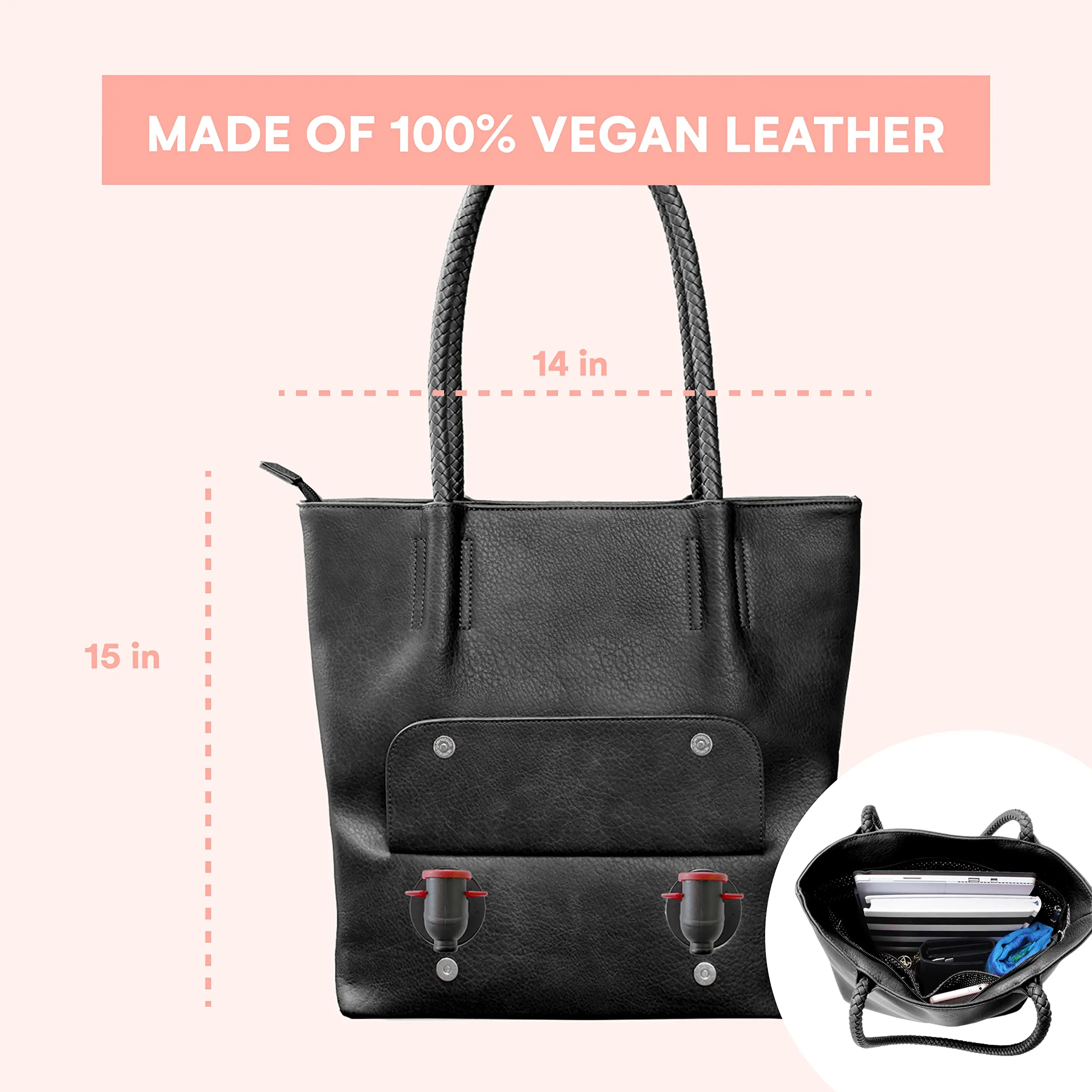 Double Pour Vegan Leather Tote Bag With Hidden Insulated Flask Compartment