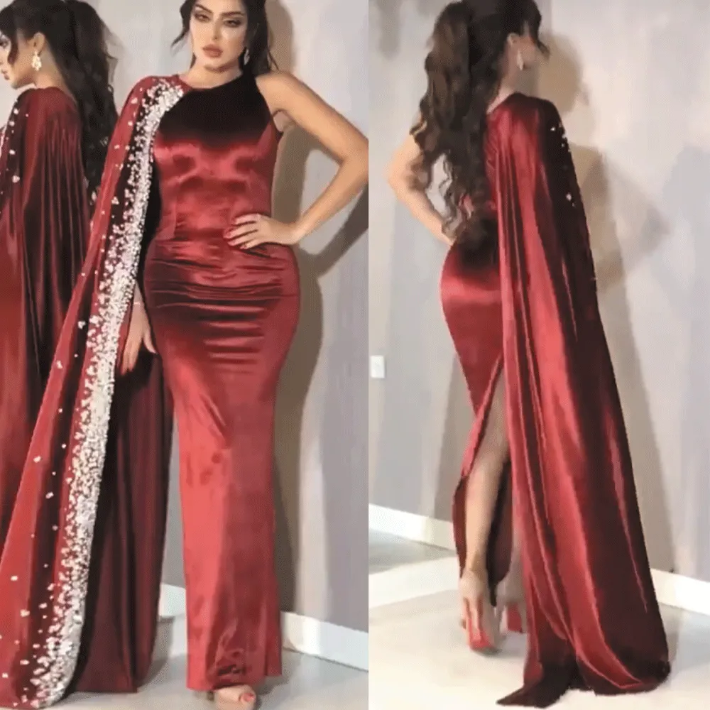 dubai kaftan Burgundy prom dresses long mermaid elegant beaded modest muslim evening prom gown