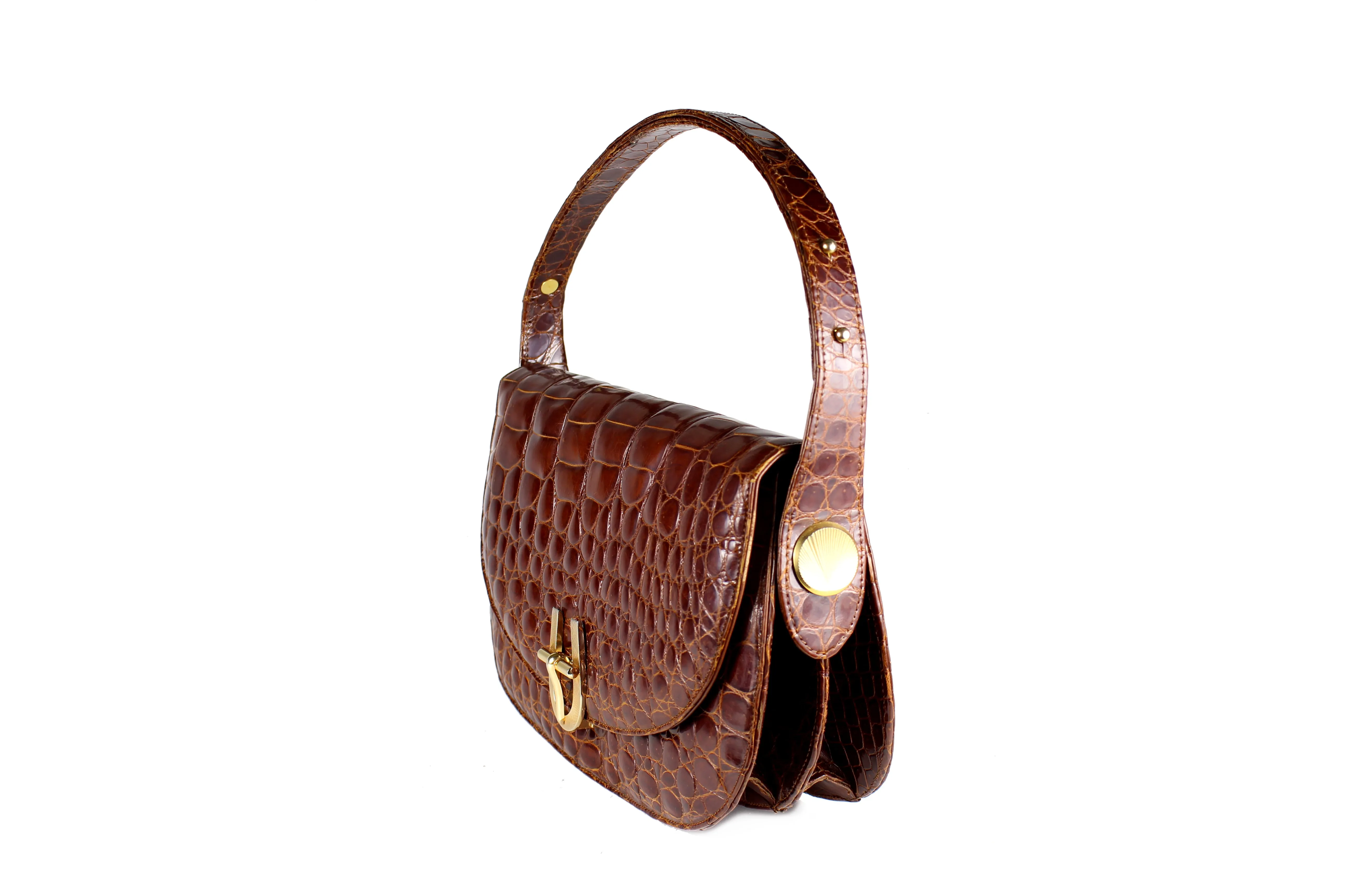 Elongate cognac crocodile skin shoulder bag