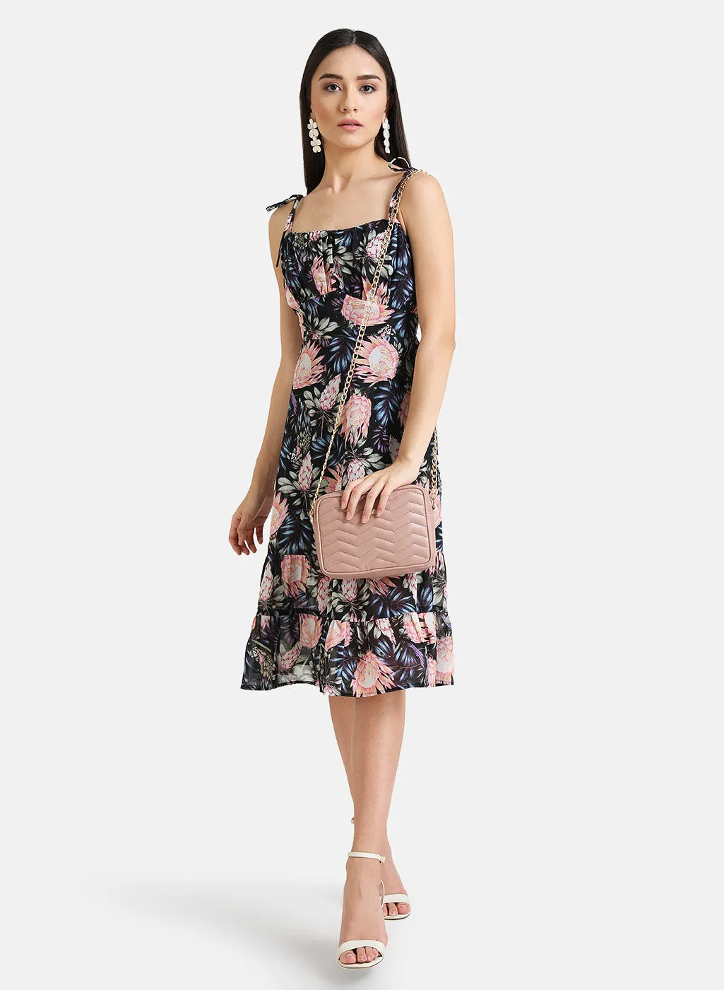 Floral Printed Tie Knot Strap Midi Dress