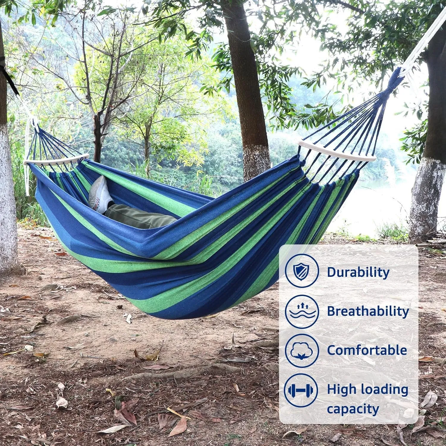 Homestic Canvas Travel Hammock |Garden Hammock Swing for Adults|130 KG Load Bearing Capicity|Including 2 Rope, 1 Bag (Blue & Green)