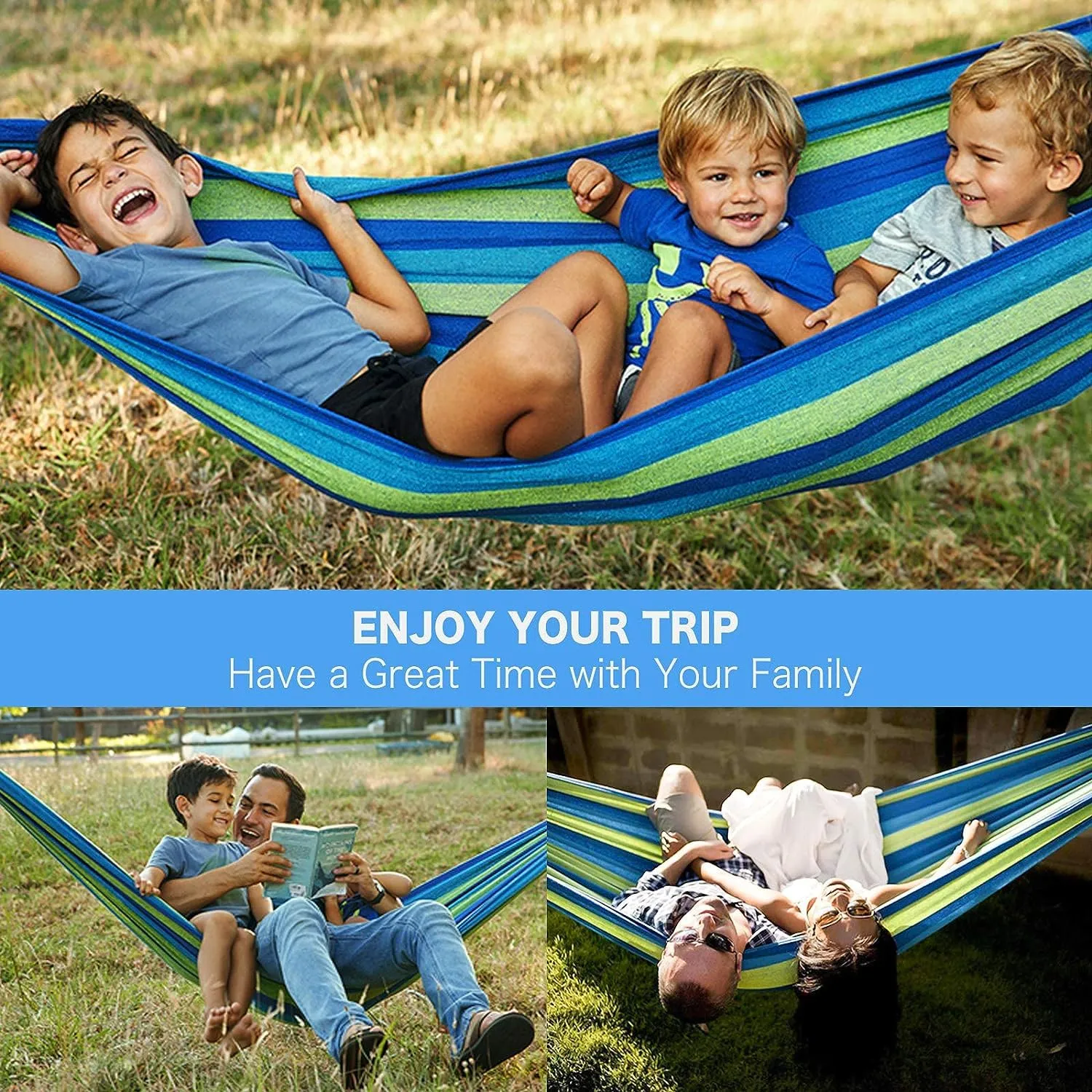 Homestic Canvas Travel Hammock |Garden Hammock Swing for Adults|130 KG Load Bearing Capicity|Including 2 Rope, 1 Bag (Blue & Green)