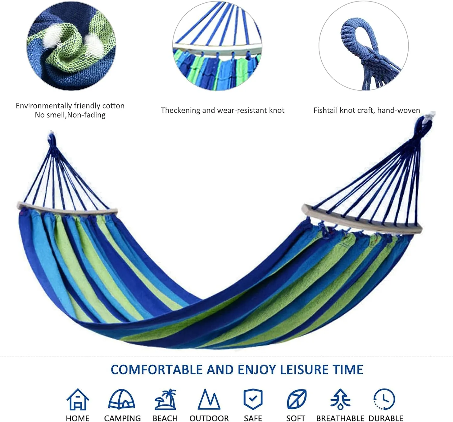 Homestic Canvas Travel Hammock |Garden Hammock Swing for Adults|130 KG Load Bearing Capicity|Including 2 Rope, 1 Bag (Blue & Green)