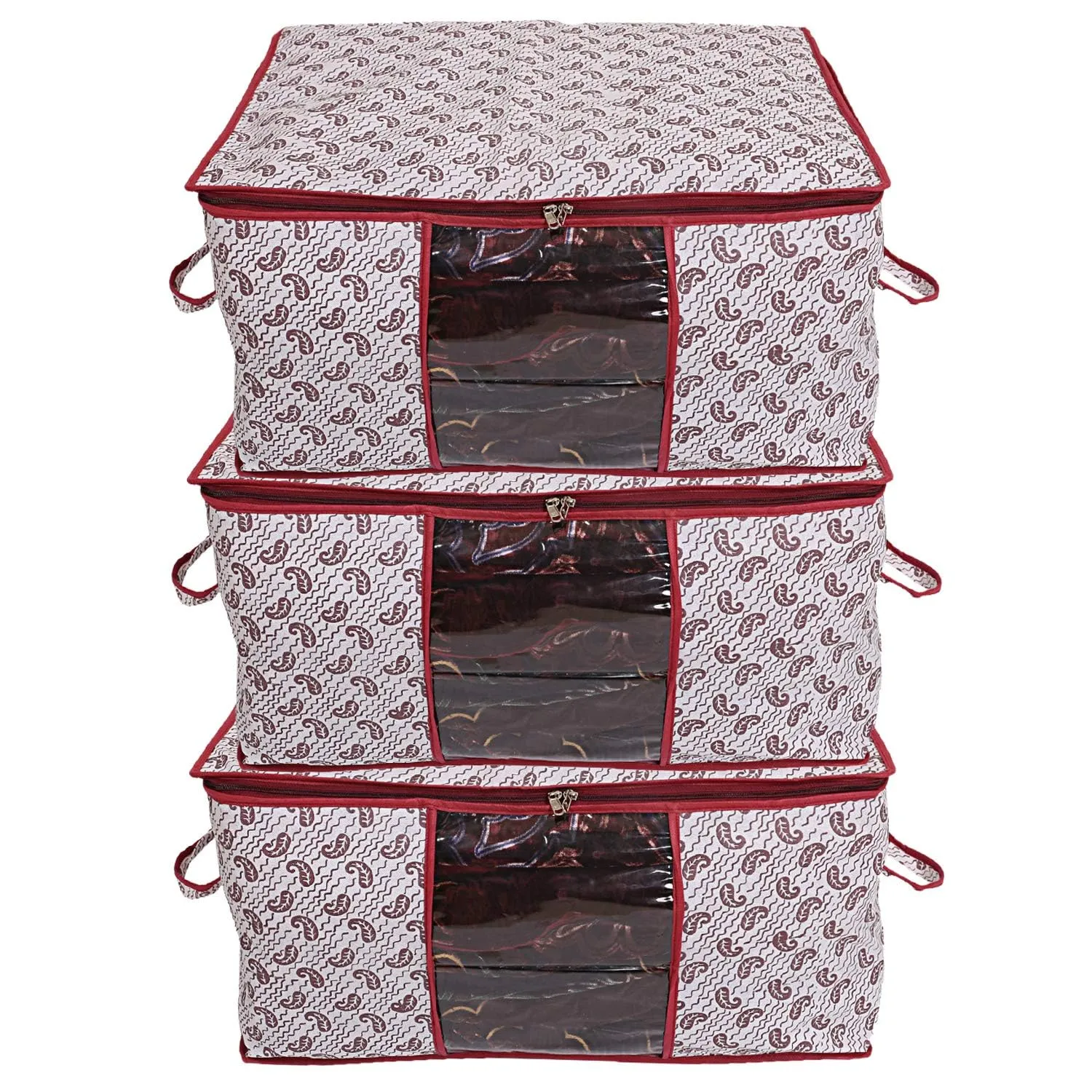 Kuber Industries Cairy Design 3 Piece Non-Woven Underbed Storage Organiser/Organiser, Extra Large (Maroon)