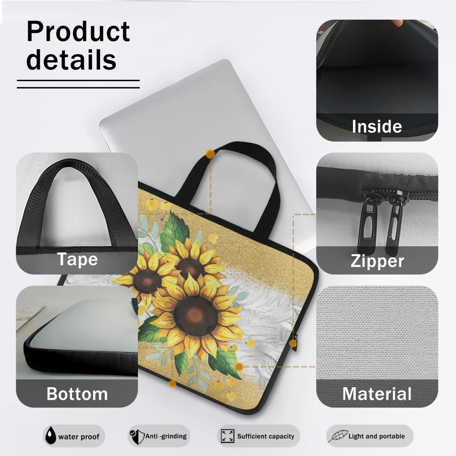 Laptop Sleeve with Handles - Sunflowers