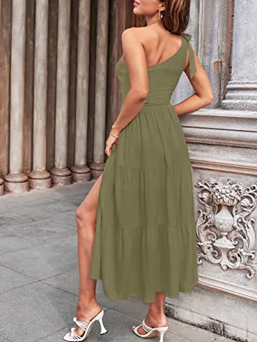 MEROKEETY Vestido largo de verano con un hombro para mujer, vestido largo midi de playa con niveles fluidos y fluidos, verde militar, M