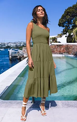 MEROKEETY Vestido largo de verano con un hombro para mujer, vestido largo midi de playa con niveles fluidos y fluidos, verde militar, M