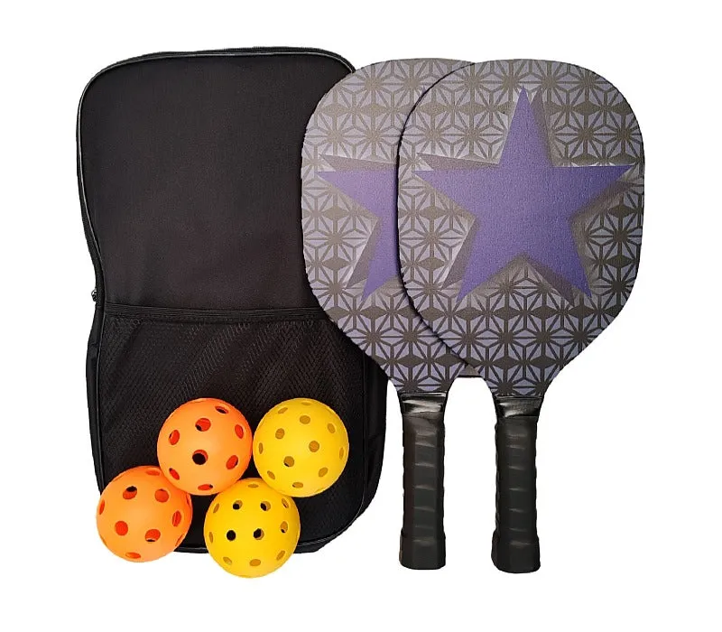 Pickleball Set Of 2 x Basswood Paddles, 4 Pickleball Balls & Carry Bag