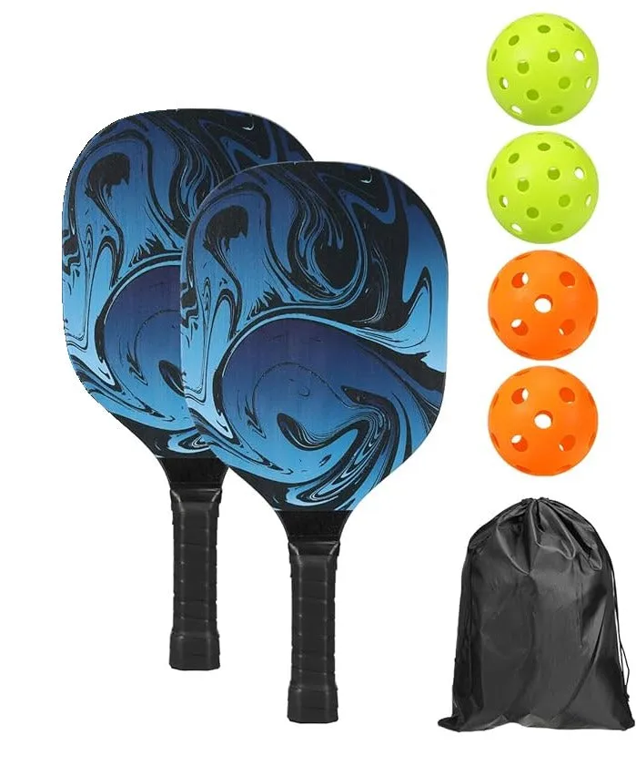 Pickleball Set Of 2 x Basswood Paddles, 4 Pickleball Balls & Carry Bag