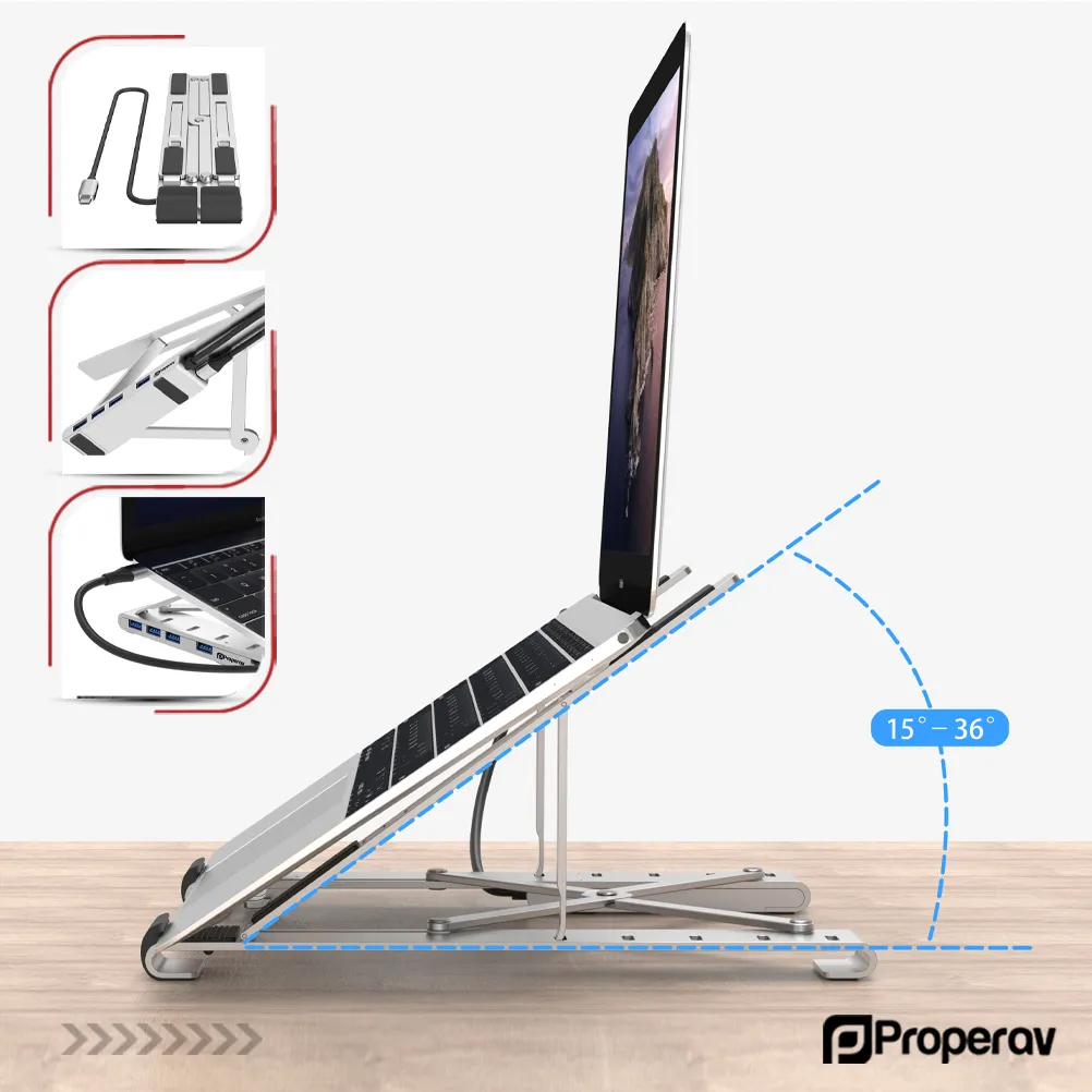 ProperAV Aluminium Portable Laptop or Tablet Stand with Built-in 100W USB-C Hub / 4 x USB-A Ports - Silver