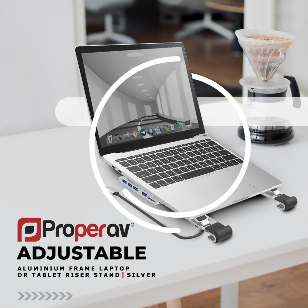 ProperAV Aluminium Portable Laptop or Tablet Stand with Built-in 100W USB-C Hub / 4 x USB-A Ports - Silver