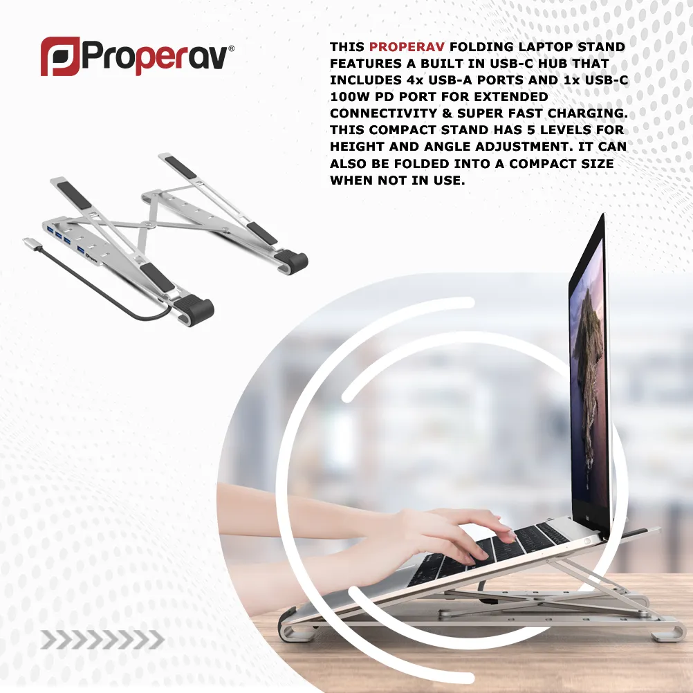 ProperAV Aluminium Portable Laptop or Tablet Stand with Built-in 100W USB-C Hub / 4 x USB-A Ports - Silver