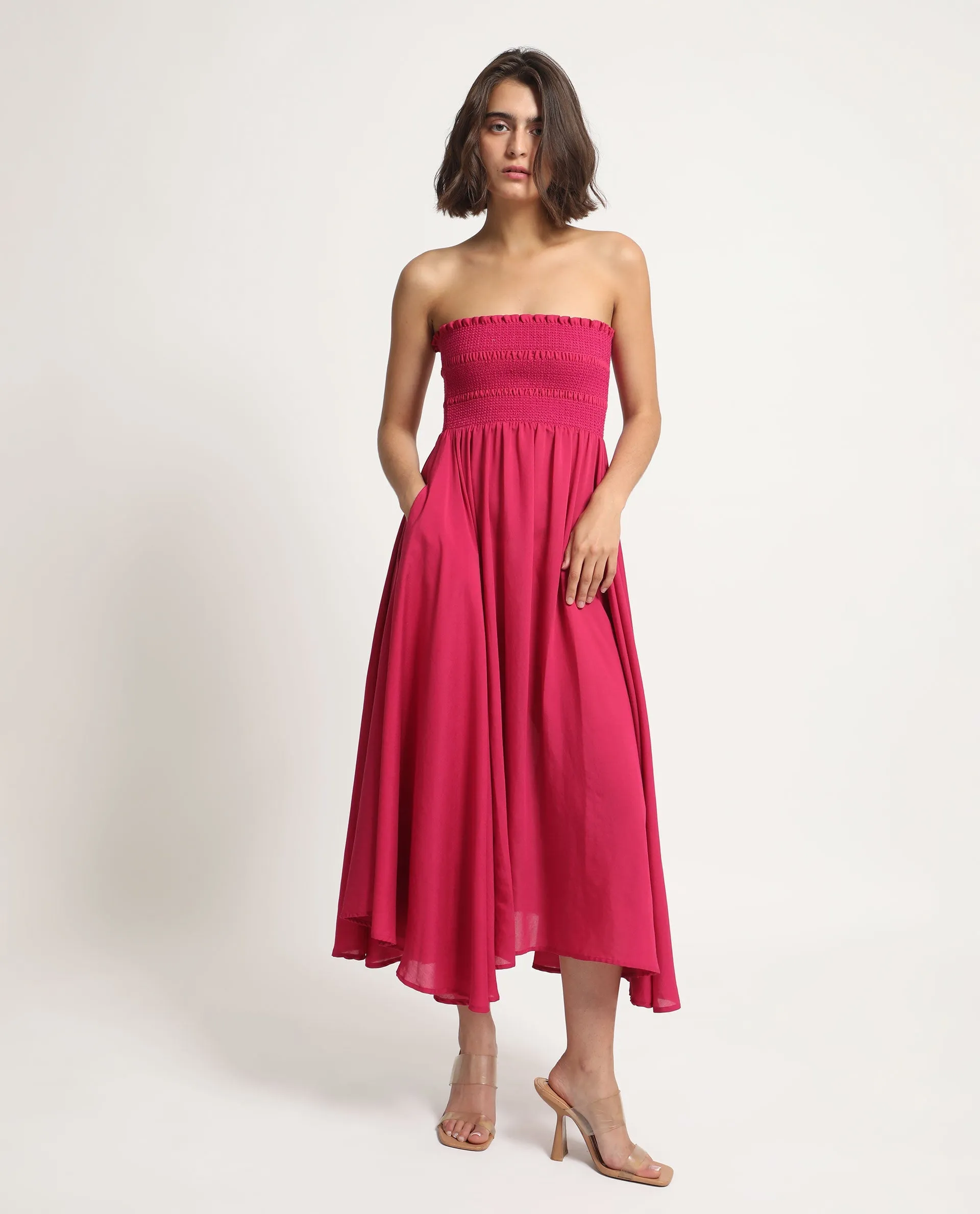 Rareism Women Sperb Dark Pink Viscose Nylon Fabric Sleeveless Tube Neck Shoulder Straps Fit And Flare Plain Knee Length Empire Dress