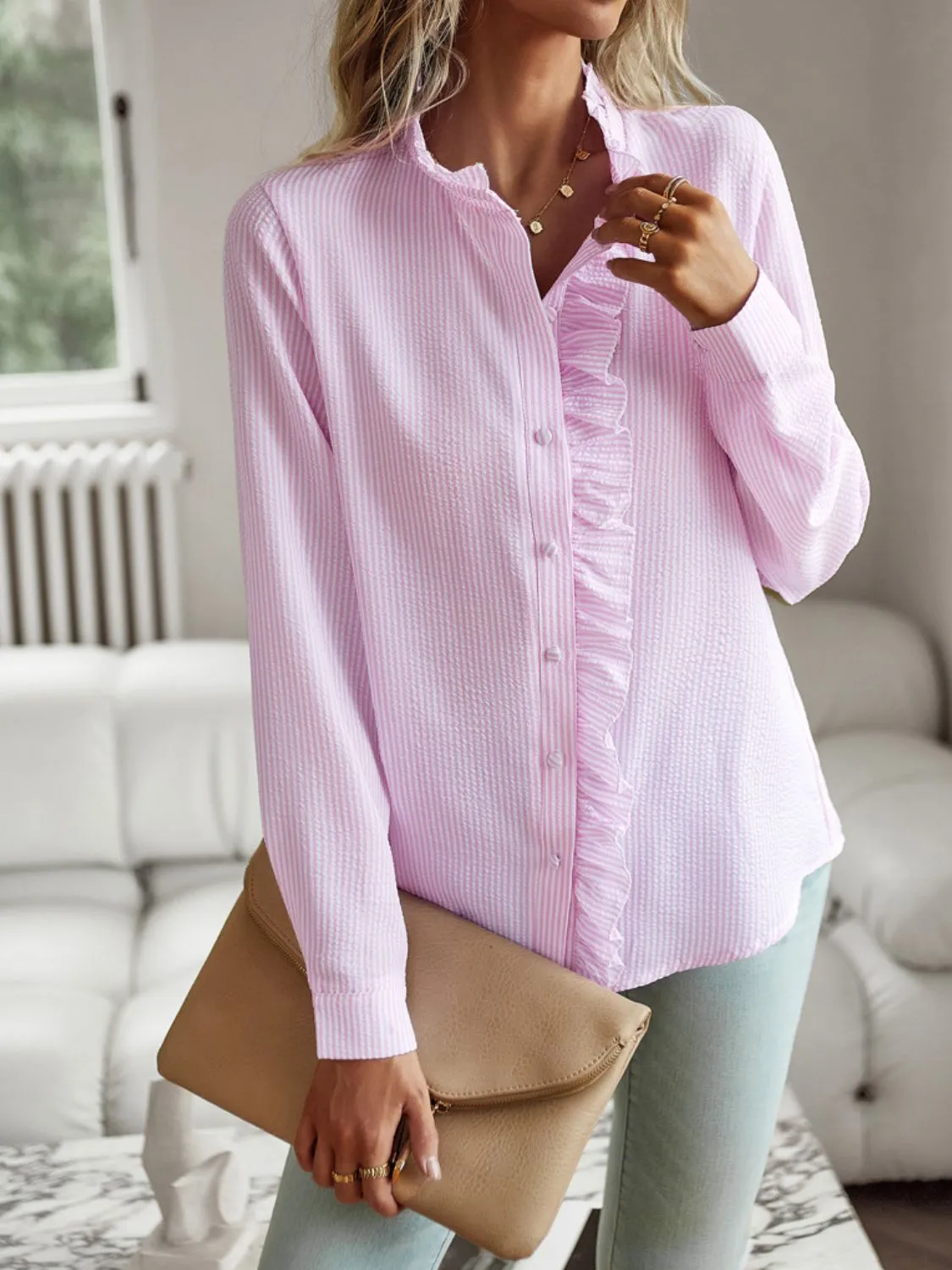 Ruffle Trim Long Sleeve Shirt