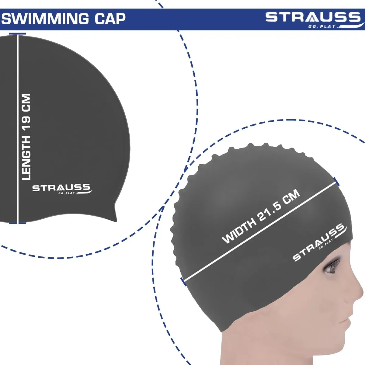 Strauss Latest Designed Swimming Cap|Keeps Hair Clean with Ear Protector|Suitable for Long and Short Hair|Swimming Head Cap with Breathable Fabric|Waterproof Swim Cap for Adult, Woman and Men,(Black)