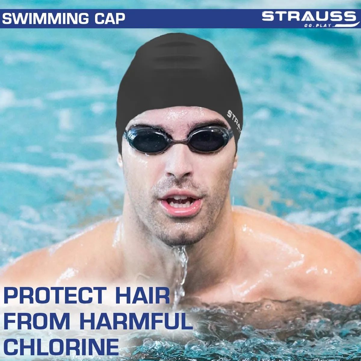 Strauss Latest Designed Swimming Cap|Keeps Hair Clean with Ear Protector|Suitable for Long and Short Hair|Swimming Head Cap with Breathable Fabric|Waterproof Swim Cap for Adult, Woman and Men,(Black)