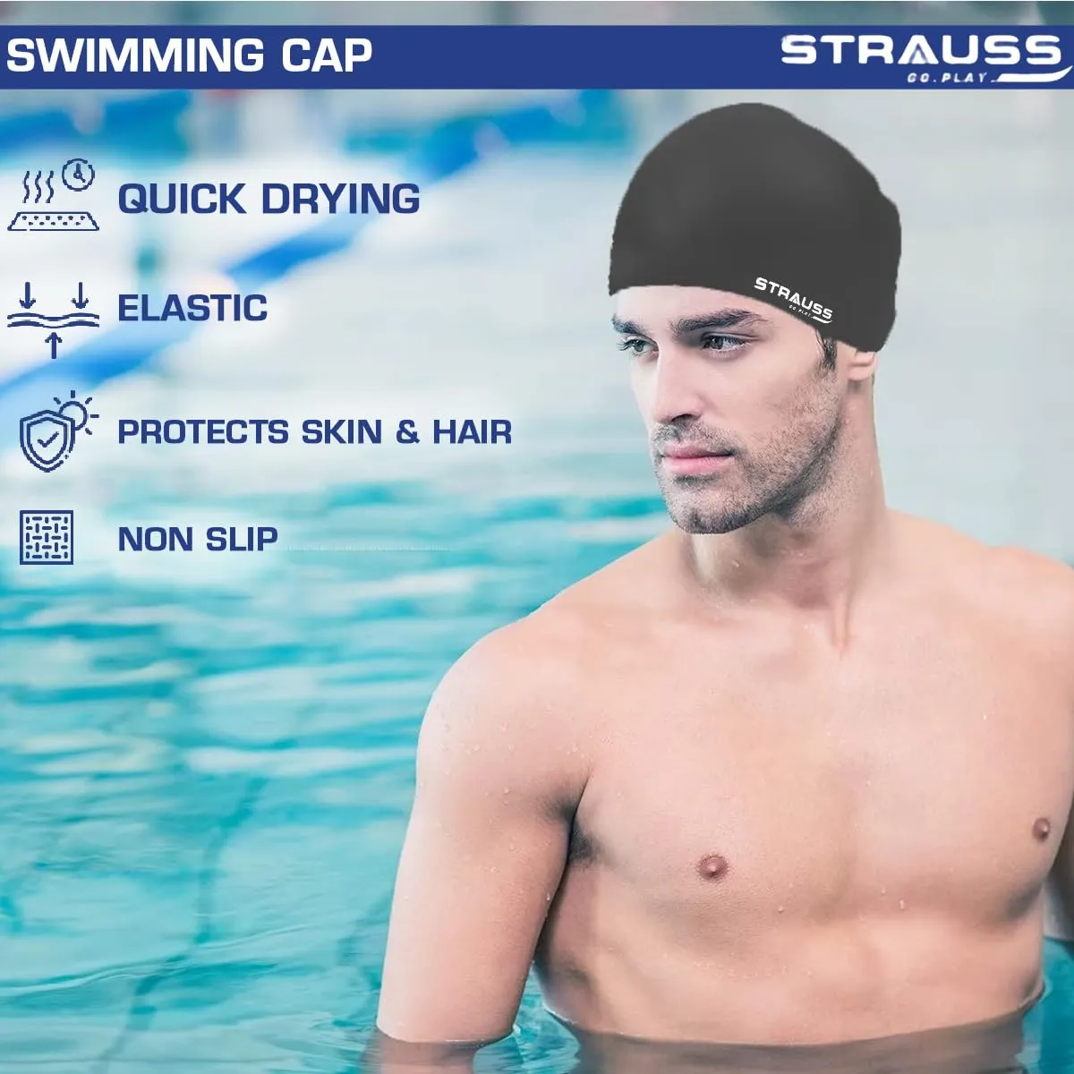 Strauss Latest Designed Swimming Cap|Keeps Hair Clean with Ear Protector|Suitable for Long and Short Hair|Swimming Head Cap with Breathable Fabric|Waterproof Swim Cap for Adult, Woman and Men,(Black)