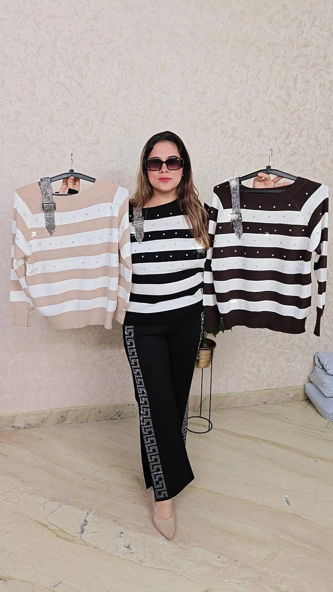 Striped winter top with stylish neck