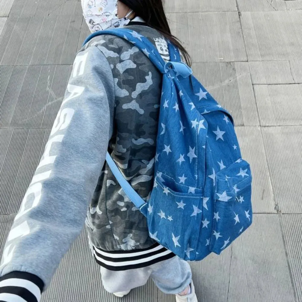 TAVIMART  -  Y2k Star Print Aesthetic Denim Backpacks Korean Vintage High-capacity Fashion Students Schoolbags Casual Trendy Unisex Mochilas