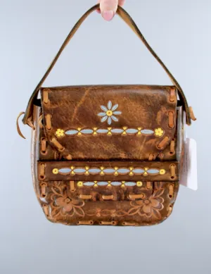 Vintage 1960s Tooled Leather Handbag Purse / Hippie Bohemian Boho