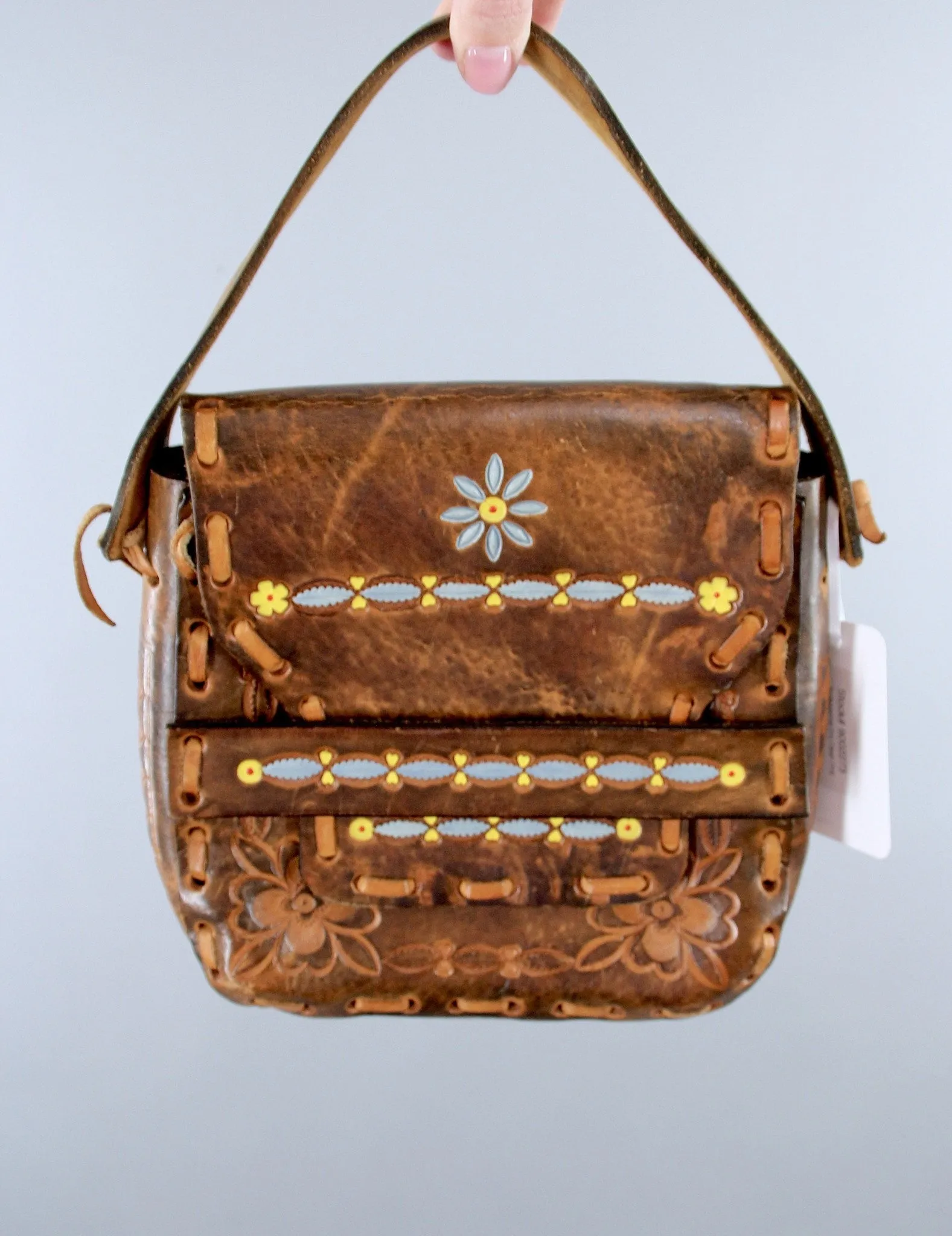 Vintage 1960s Tooled Leather Handbag Purse / Hippie Bohemian Boho