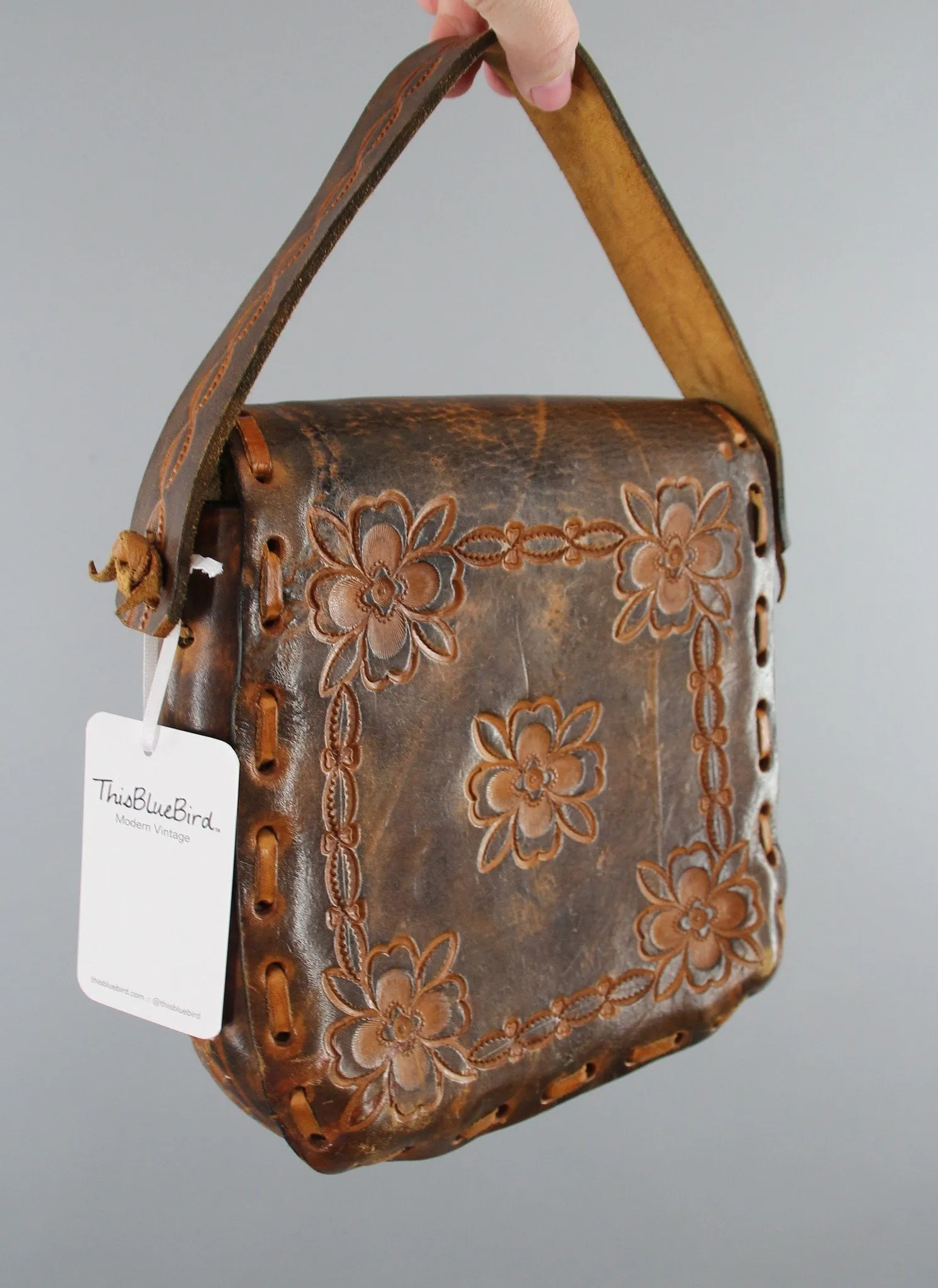 Vintage 1960s Tooled Leather Handbag Purse / Hippie Bohemian Boho