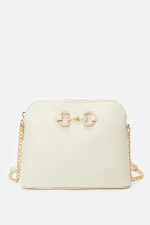 Women Beige Pearls Cross Body Bag