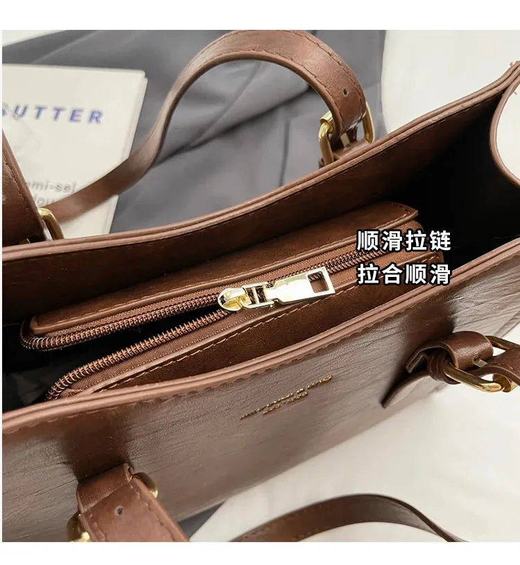 Women Shoulder Bags PU Leather Zipper Handbags Solid Color Tote Bag